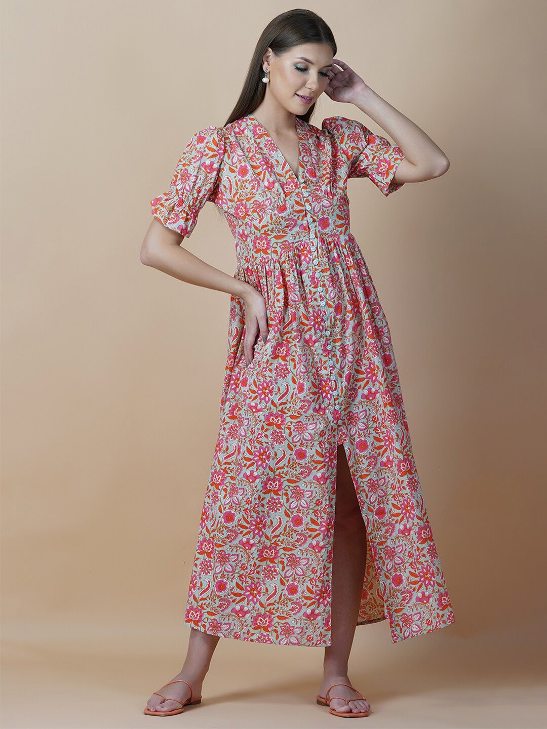 

GULAB CHAND TRENDS Green Floral Ethnic Cotton Maxi Dress