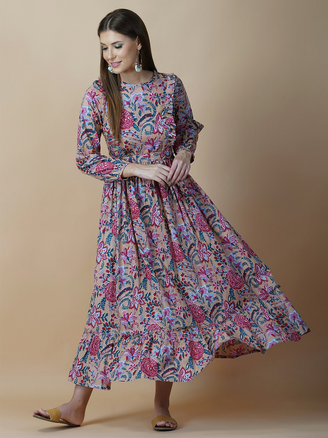 

GULAB CHAND TRENDS Brown Floral Ethnic Cotton Maxi Dress