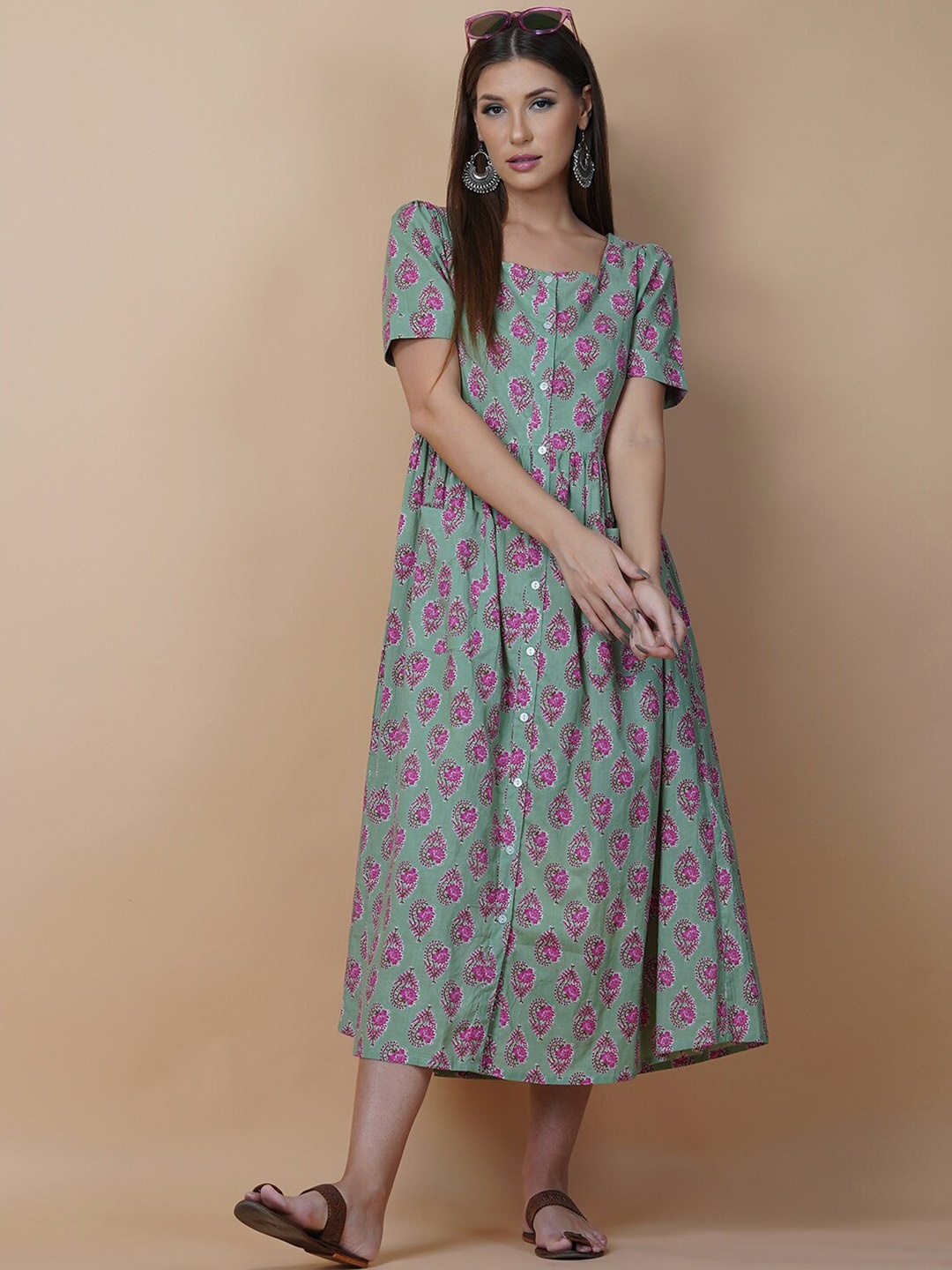 

GULAB CHAND TRENDS Green Floral Ethnic A-Line Midi Cotton Dress