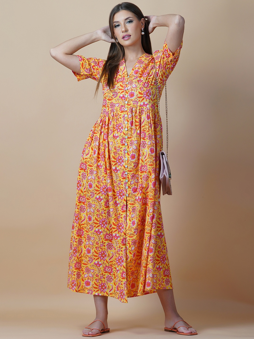 

GULAB CHAND TRENDS Floral Printed Puff Sleeves Cotton Fit & Flare Midi Ethnic Dresses, Yellow