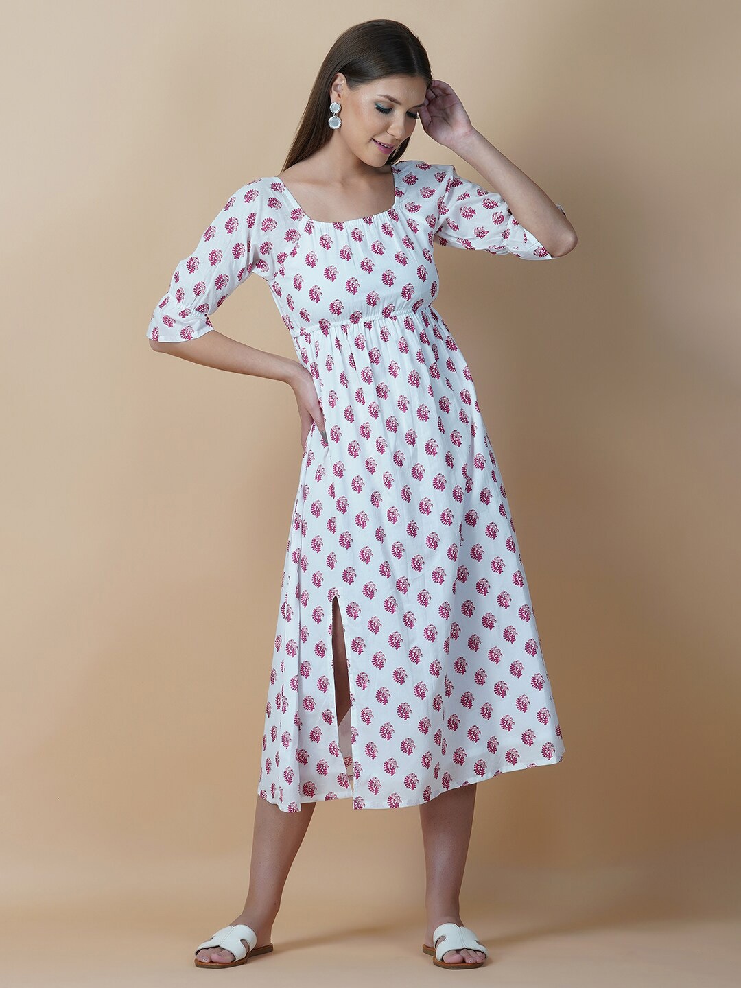 

Twilldor White & Pink Cotton Ethnic Motifs A-Line Midi Dress