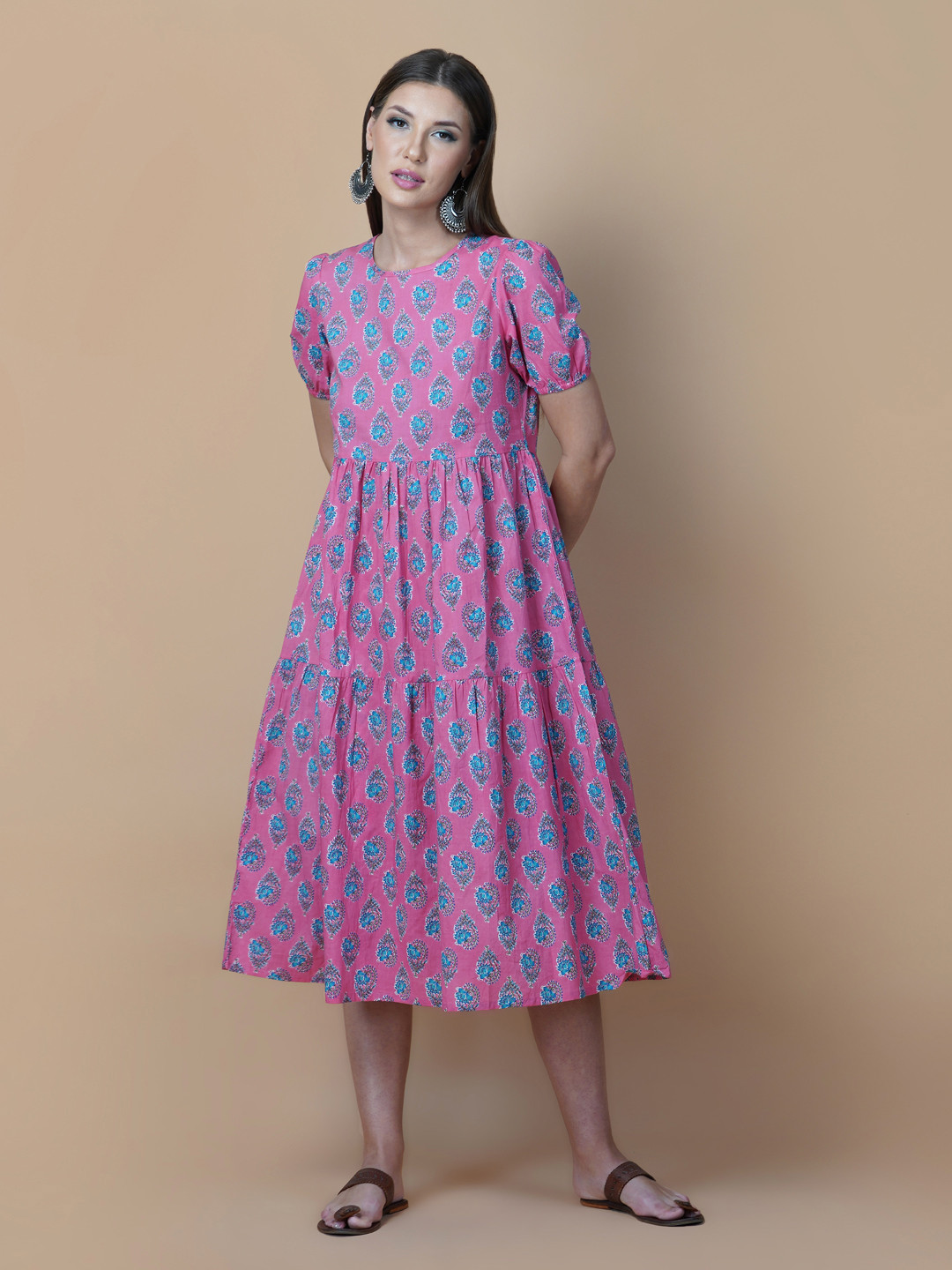 

GULAB CHAND TRENDS Pink Floral A-Line Midi Cotton Dress