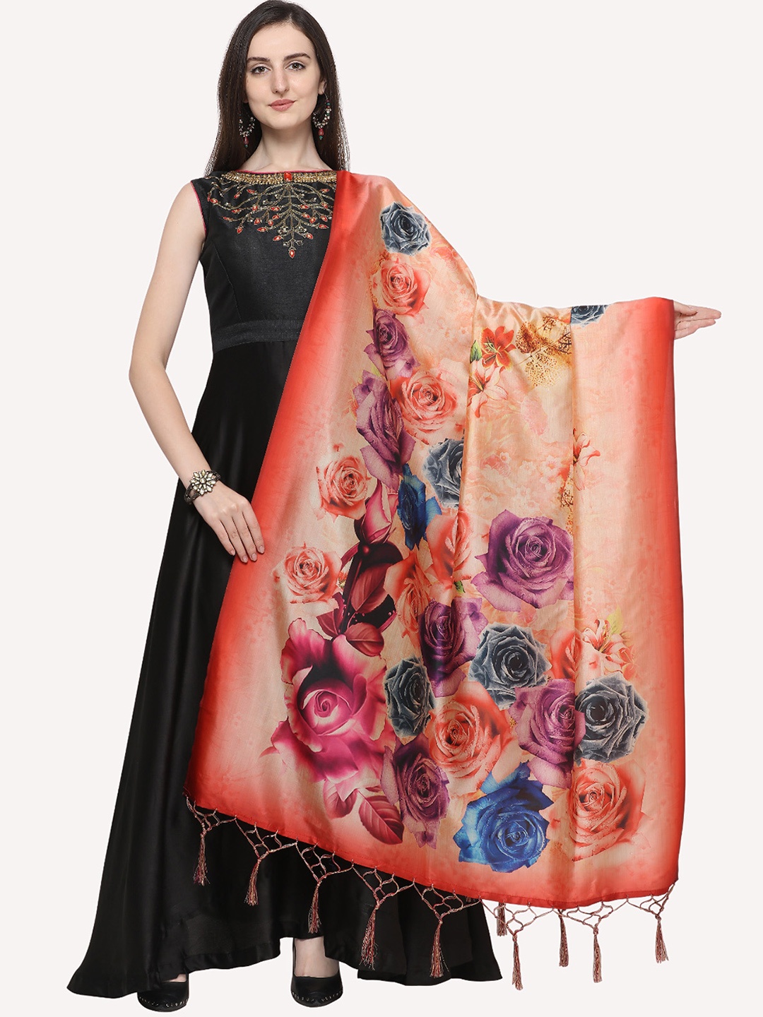 

Kaizen TEXO FAB Peach-Coloured & Blue Ethnic Motifs Printed Dupatta