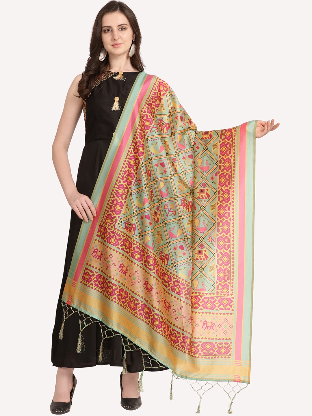 

Kaizen TEXO FAB Green & Mustard Ethnic Motifs Printed Dupatta