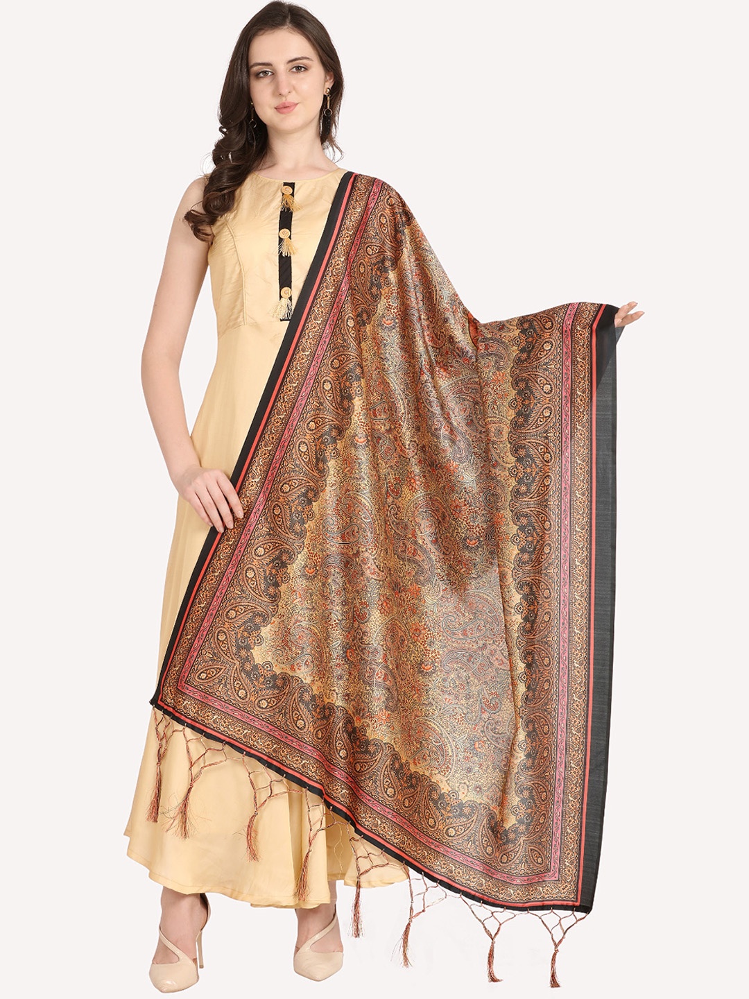 

Kaizen TEXO FAB Black & Mustard Ethnic Motifs Printed Dupatta