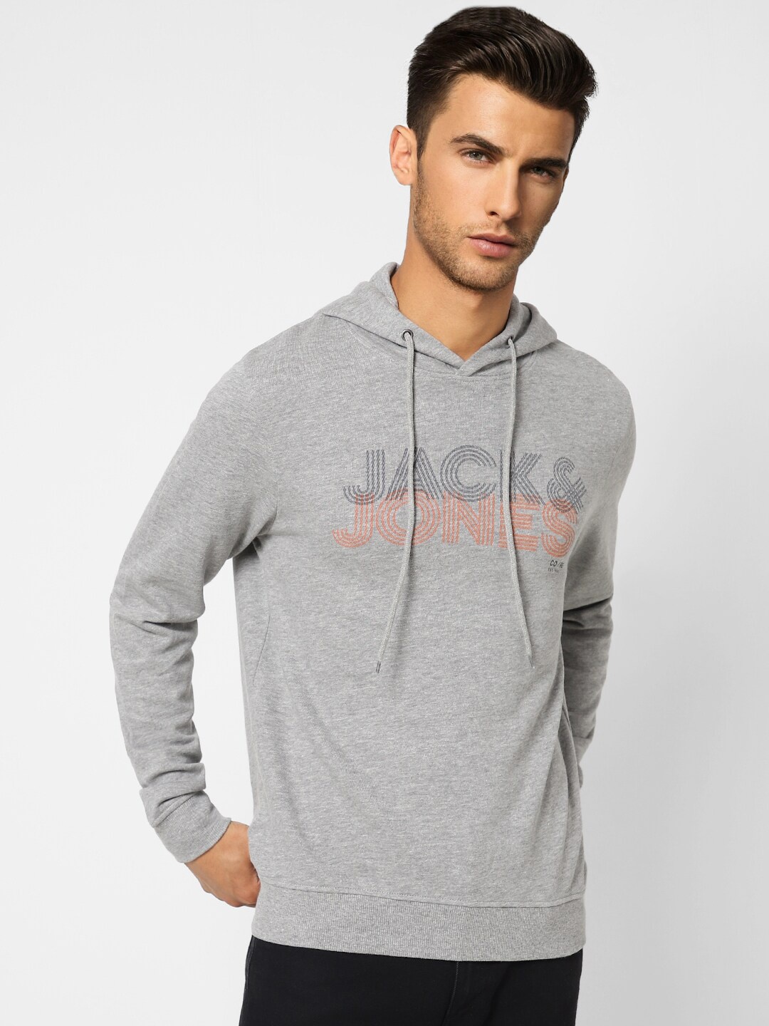 

Jack & Jones Men Grey Printed Hooded Sweatshirt