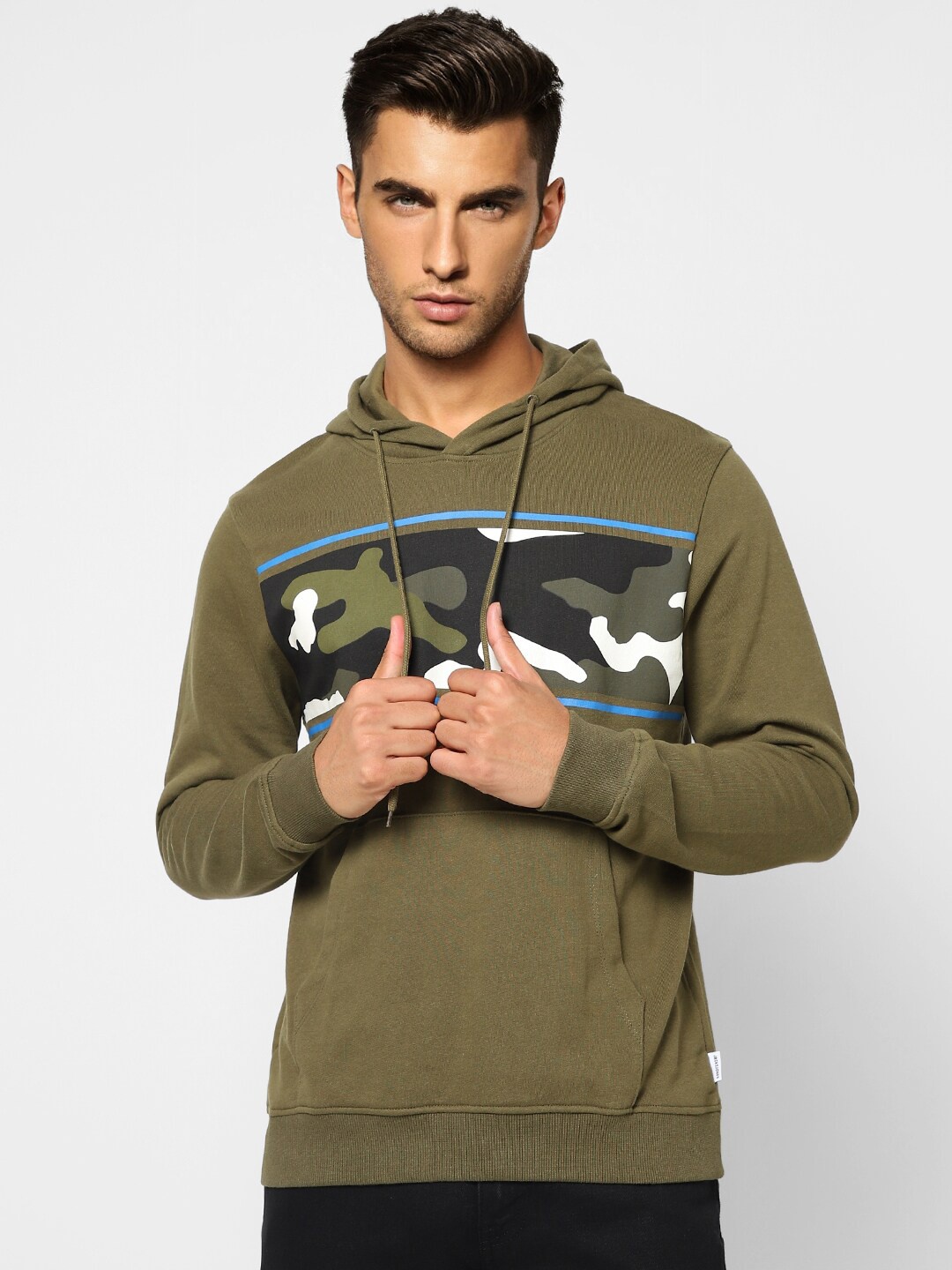 

Jack & Jones Men Green Colourblocked Hooded Sweatshirt