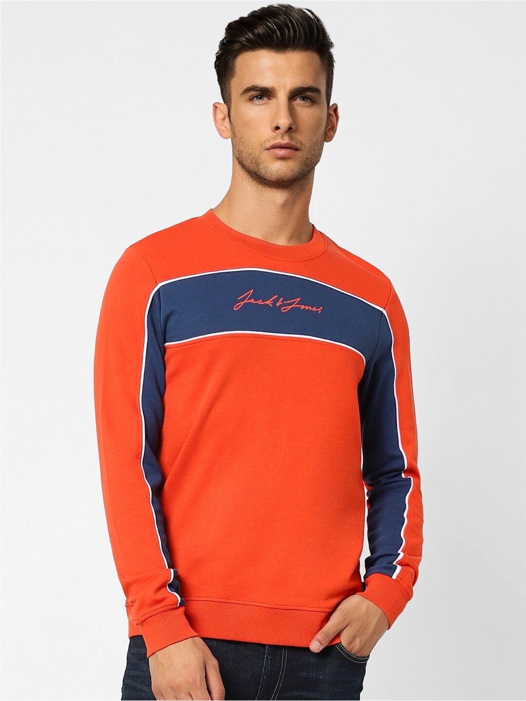 

Jack & Jones Men Orange Printed Cotton Sweatshirt