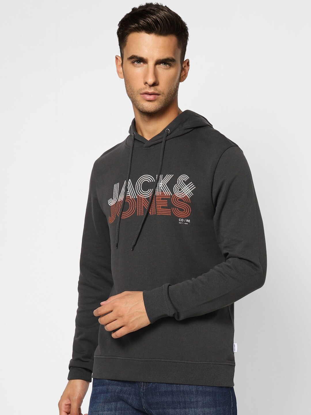 

Jack & Jones Men Black Printed Hooded Cotton Sweatshirt