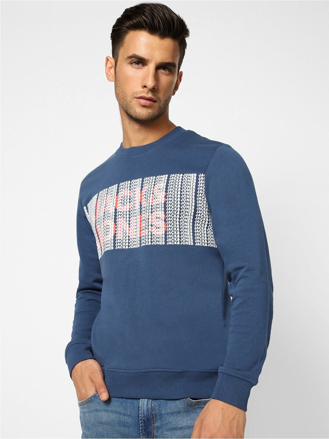 

Jack & Jones Men Blue Printed Cotton Sweatshirt