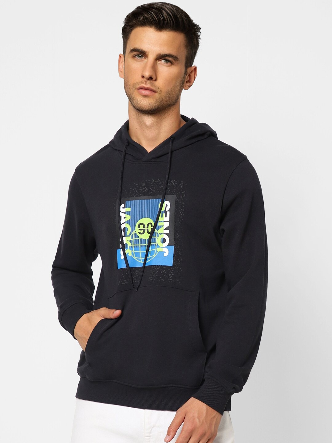 

Jack & Jones Men Black Printed Hooded Cotton Sweatshirt