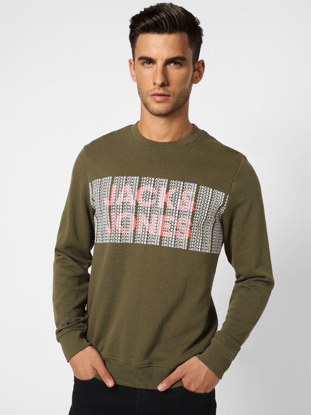 

Jack & Jones Men Green Brand Logo Printed Sweatshirt, Olive