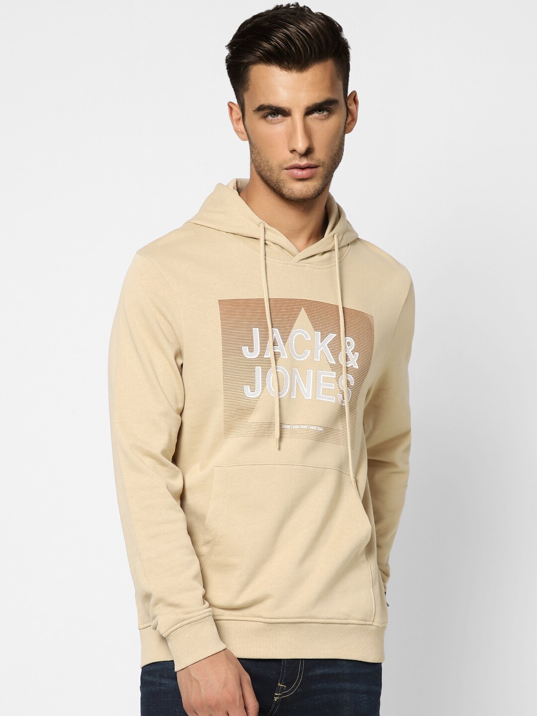 

Jack & Jones Men Beige Printed Hooded Cotton Sweatshirt
