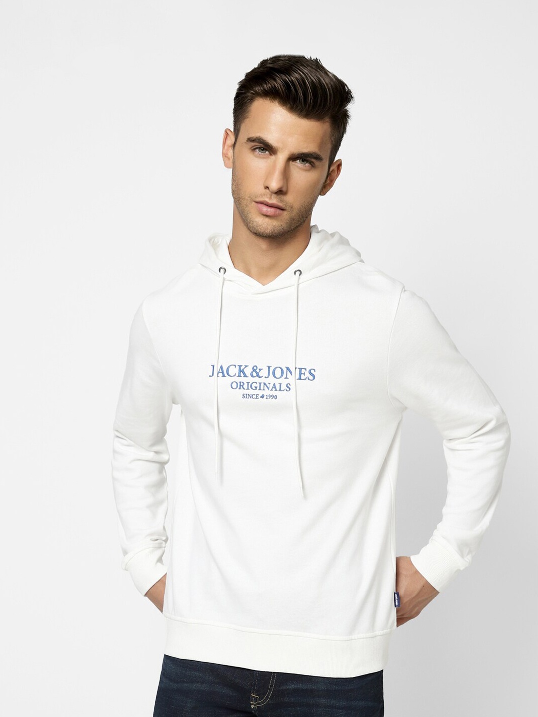 

Jack & Jones Men White Printed Hooded Cotton Sweatshirt