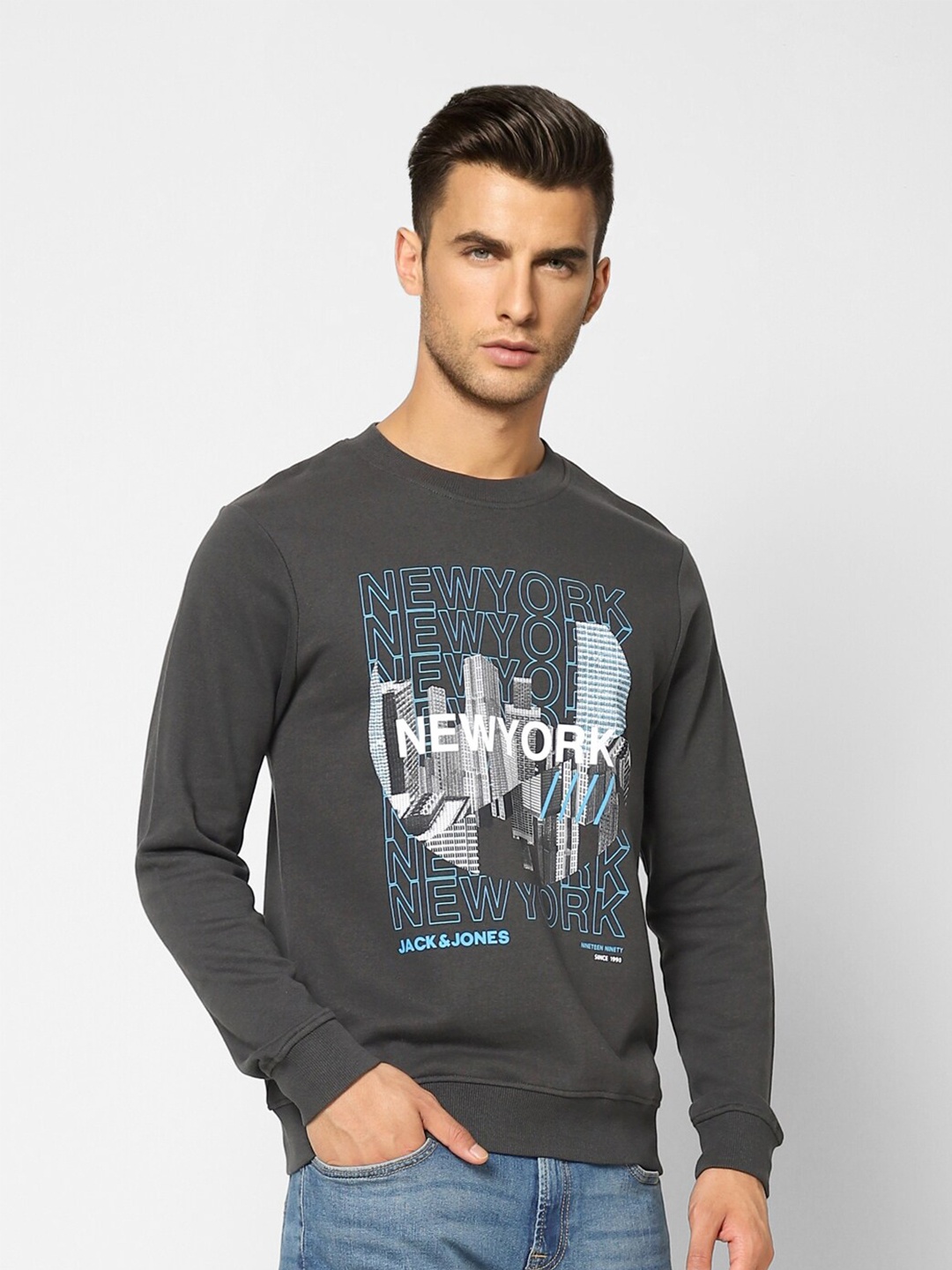 

Jack & Jones Men Grey Printed Cotton Sweatshirt