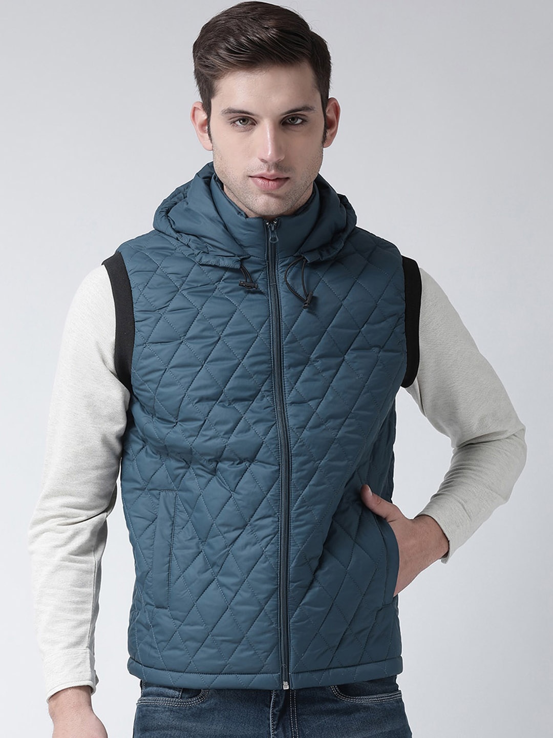 

Club York Men Teal Solid Hooded Padded Jacket