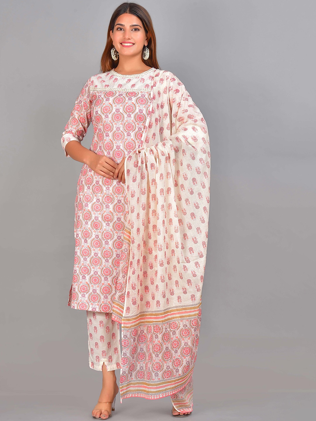 

Senyora Women Peach Coloured Ethnic Motifs Printed Pure Cotton Kurta Trousers & Dupatta