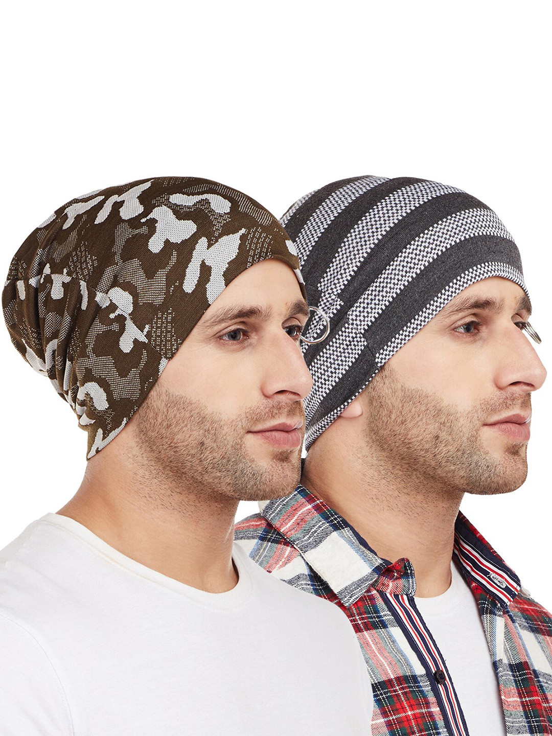 

VIMAL JONNEY Men Grey & Olive Green Pack Of 2 Printed Beanie