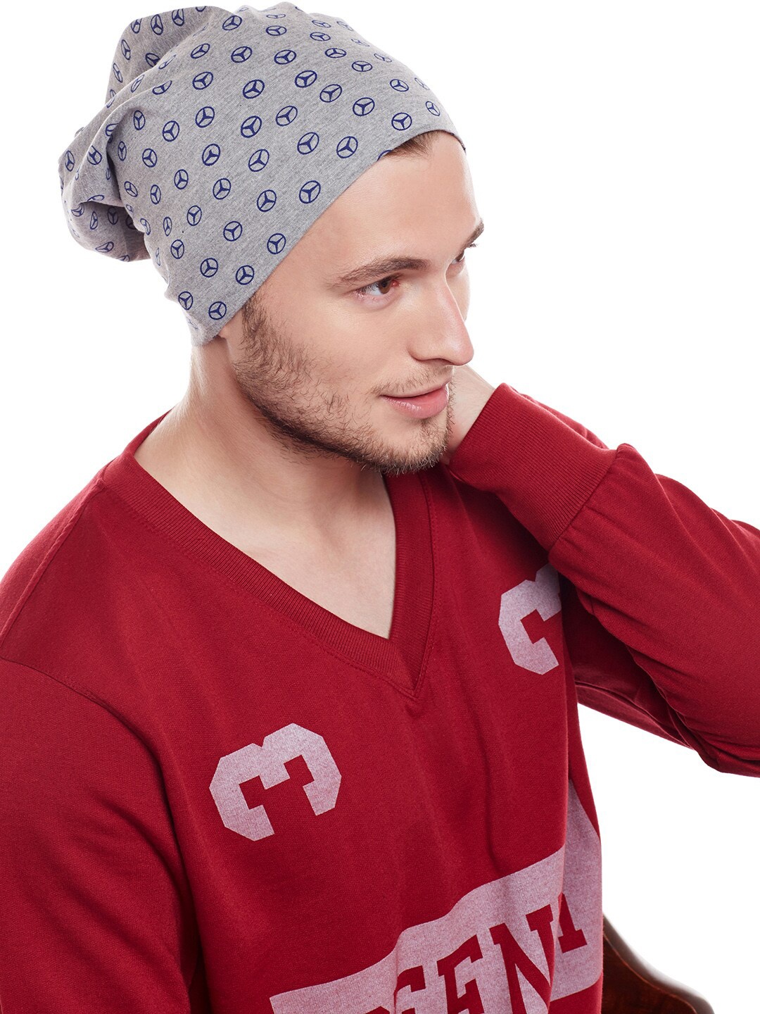 

VIMAL JONNEY Men Grey Melange & Blue Printed Beanie