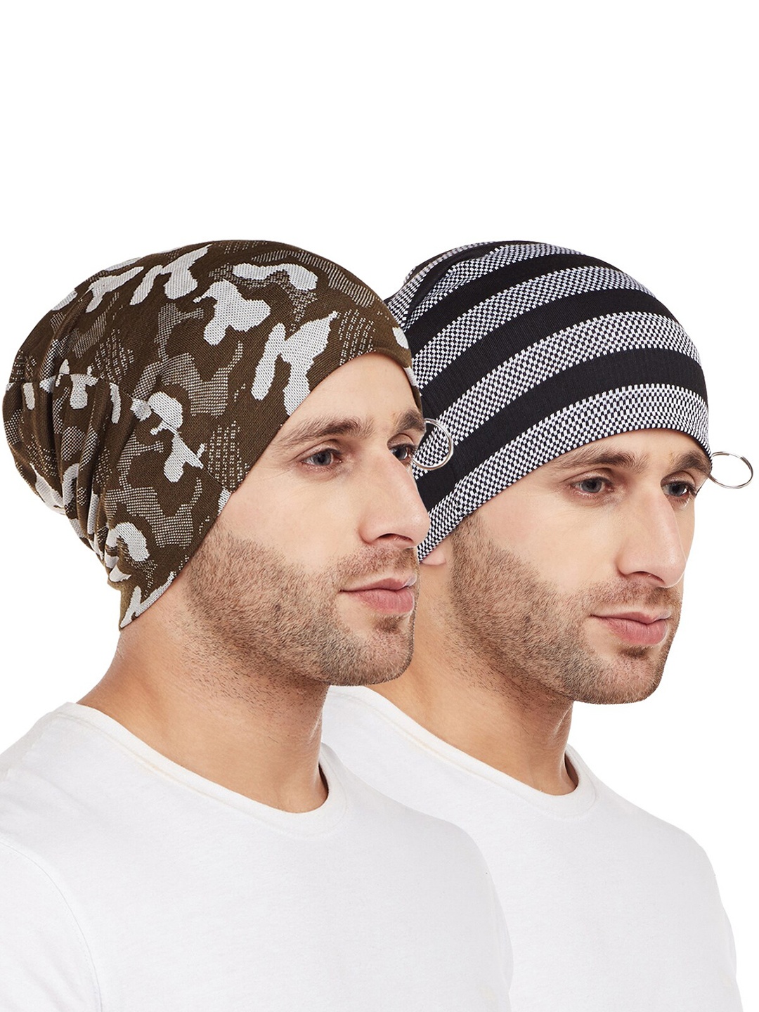 

VIMAL JONNEY Men Olive Green & Navy Blue Pack Of 2 Printed Beanie