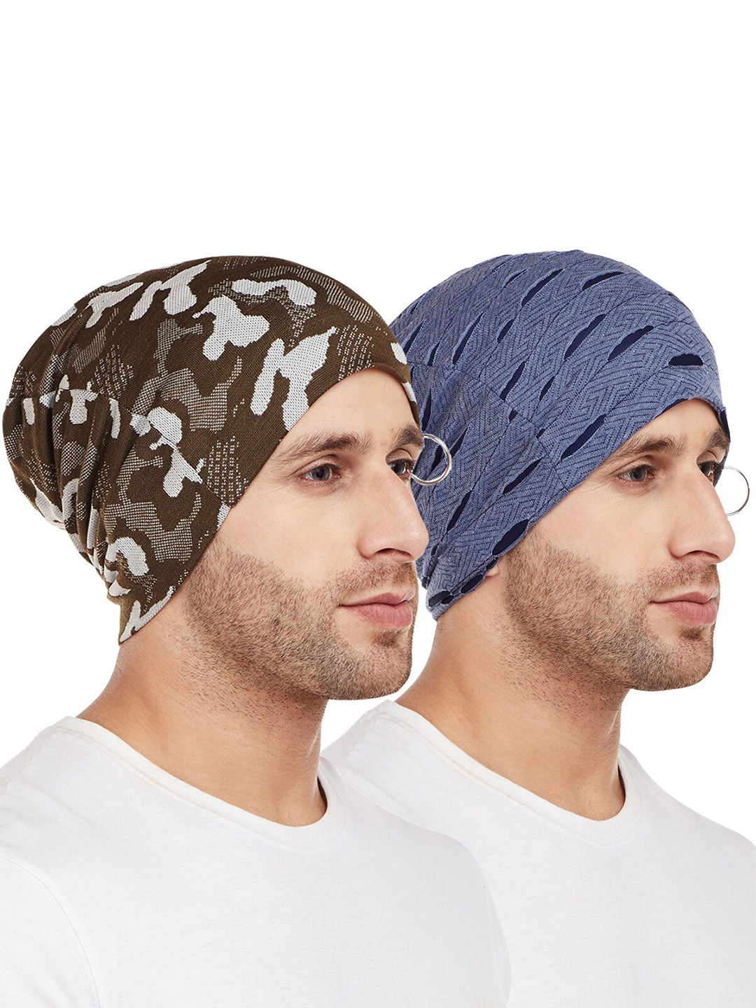 

VIMAL JONNEY Men Olive Green & Navy Blue Pack Of 2 Printed Beanie