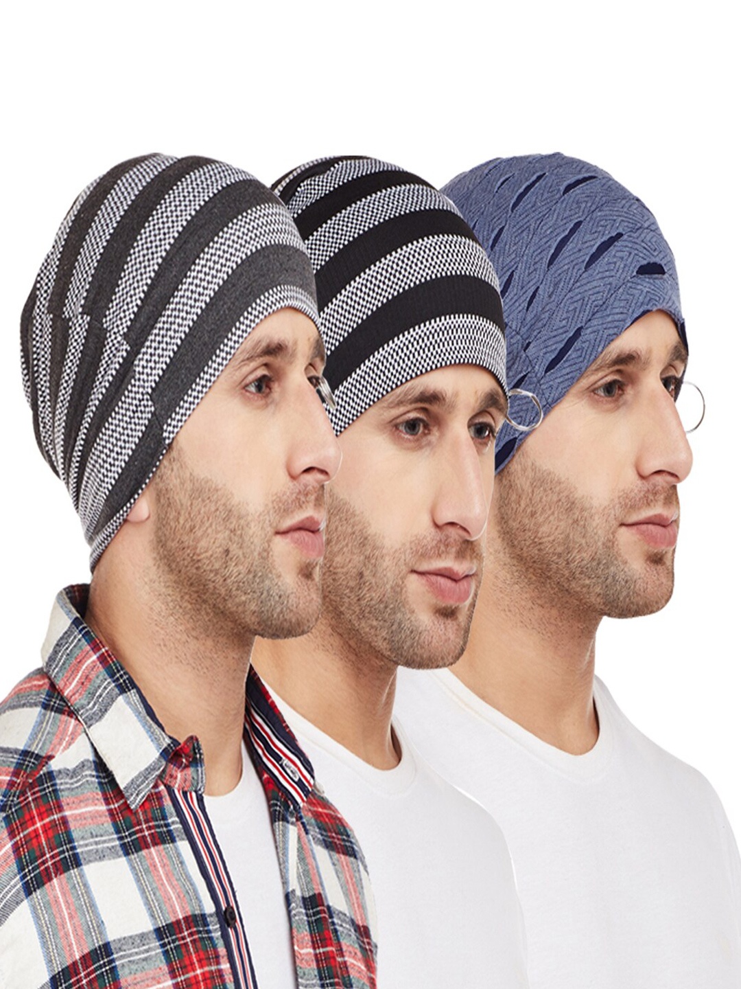 

VIMAL JONNEY Men Pack Of 3 Printed Beanie, Blue