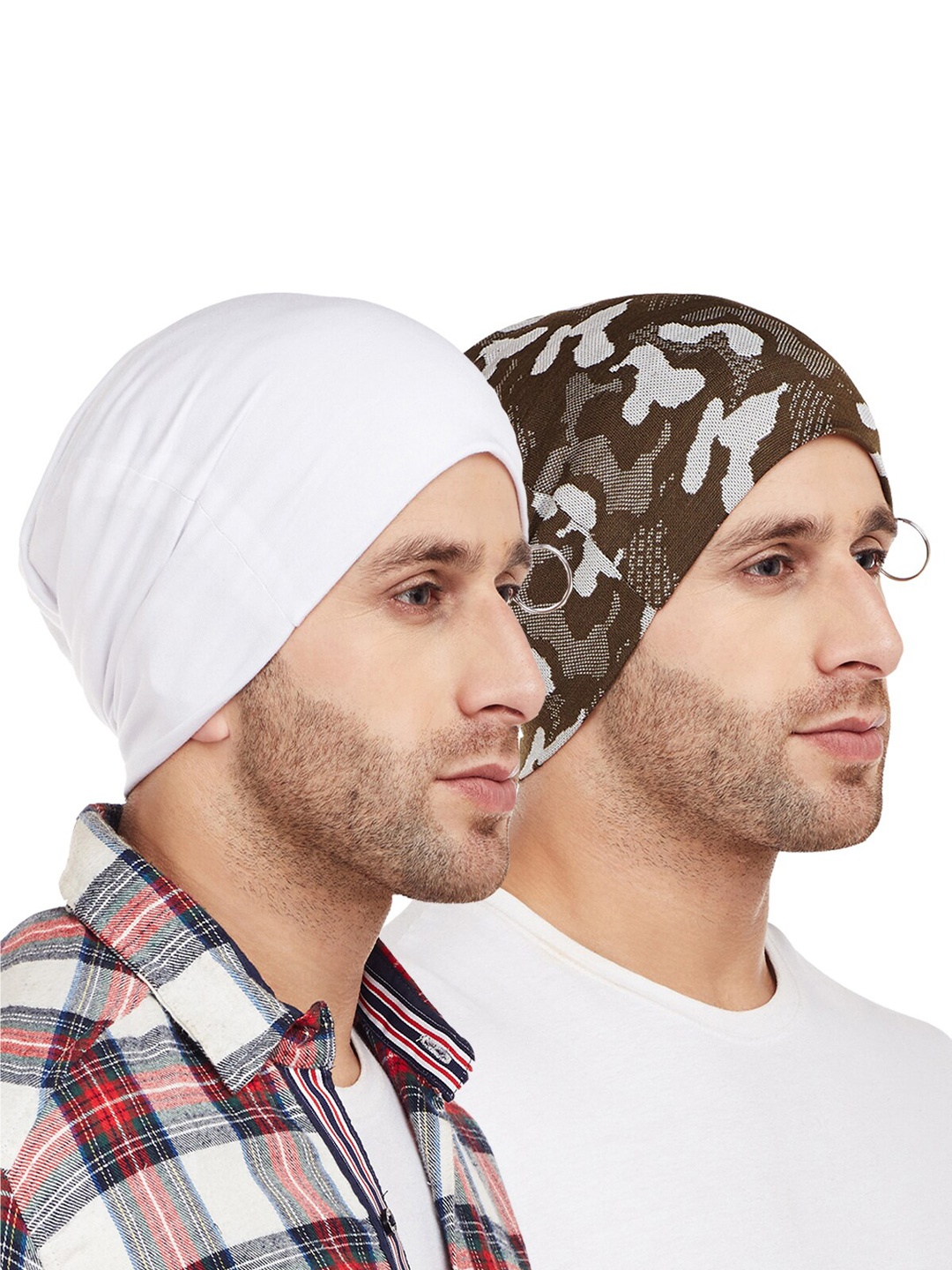 

VIMAL JONNEY Men White & Olive Green Pack Of 2 Printed Beanie