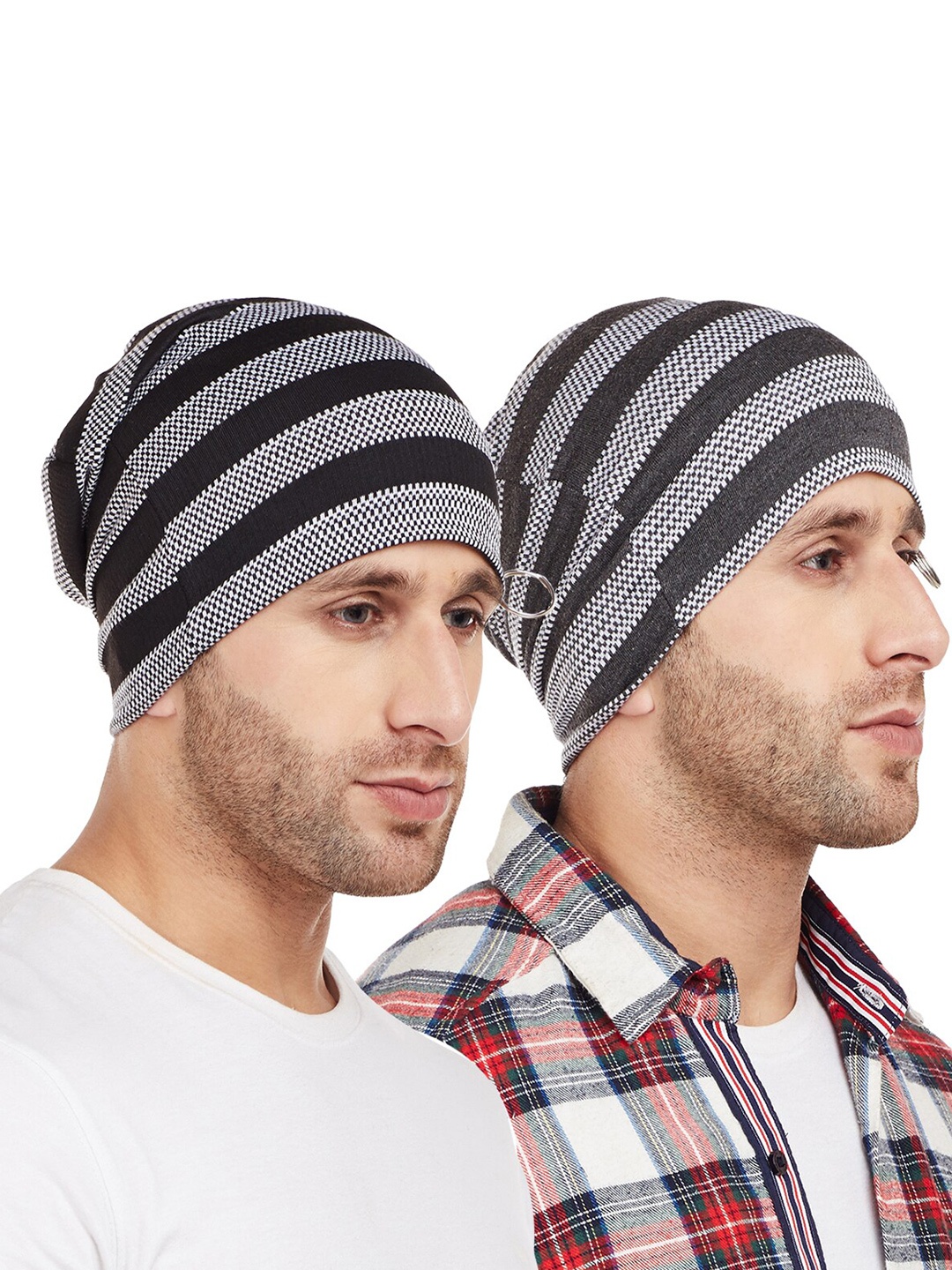 

VIMAL JONNEY Men Grey & Black Pack Of 2 Printed Beanie