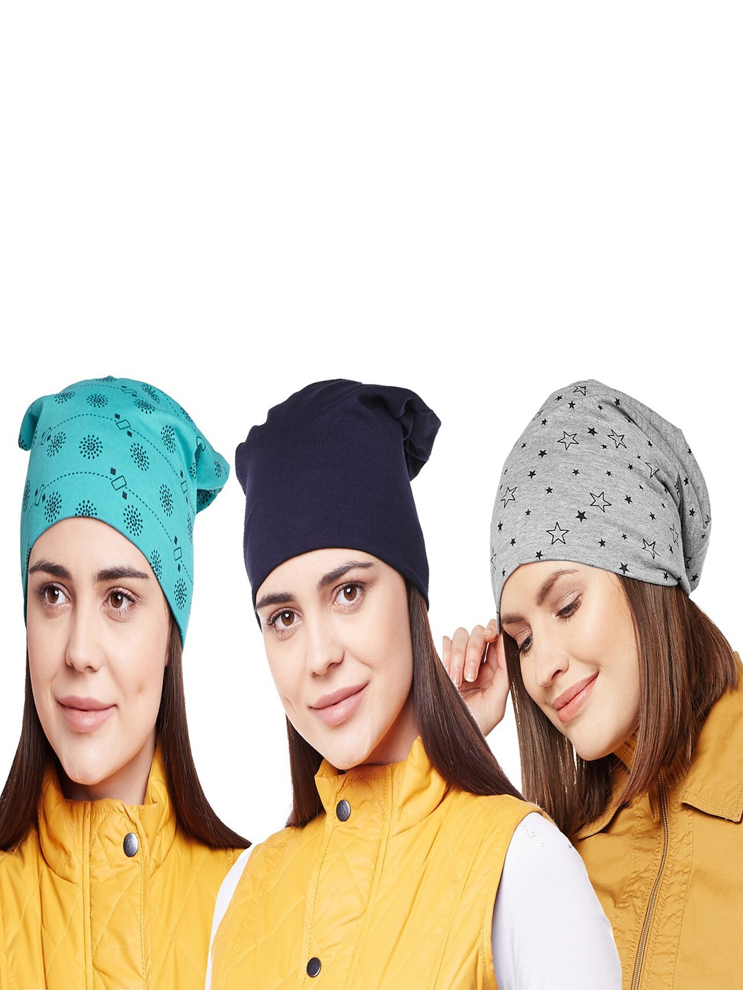 

VIMAL JONNEY Women Blue & Black Pack of 3 Cotton Printed Beanie