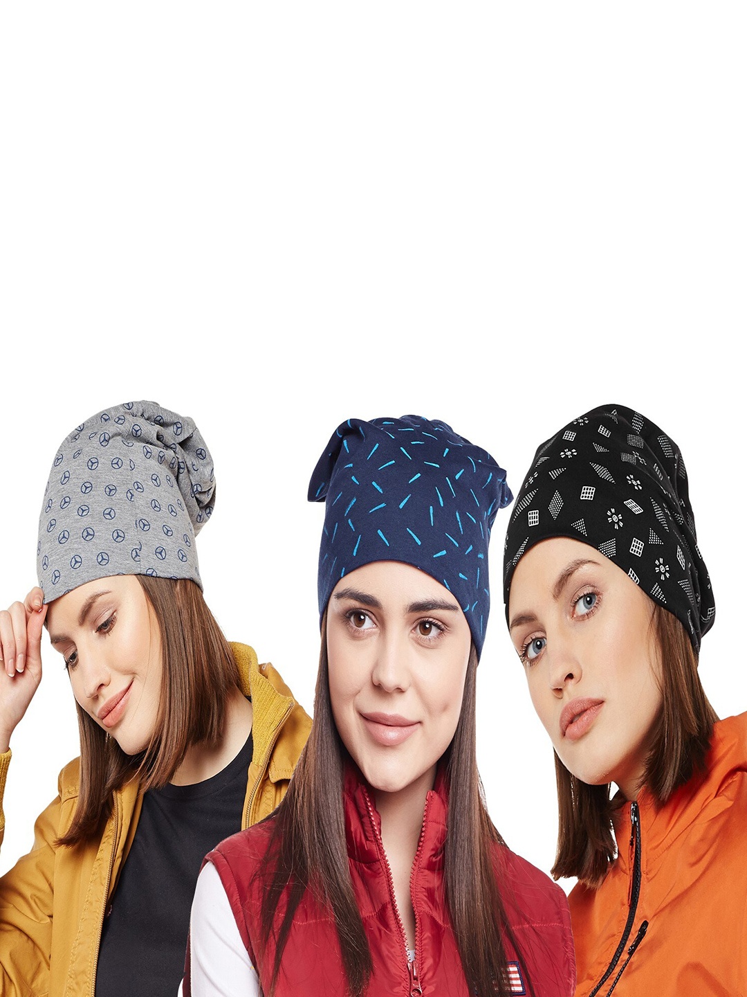 

VIMAL JONNEY Women Pack Of 3 Printed Beanie, Blue