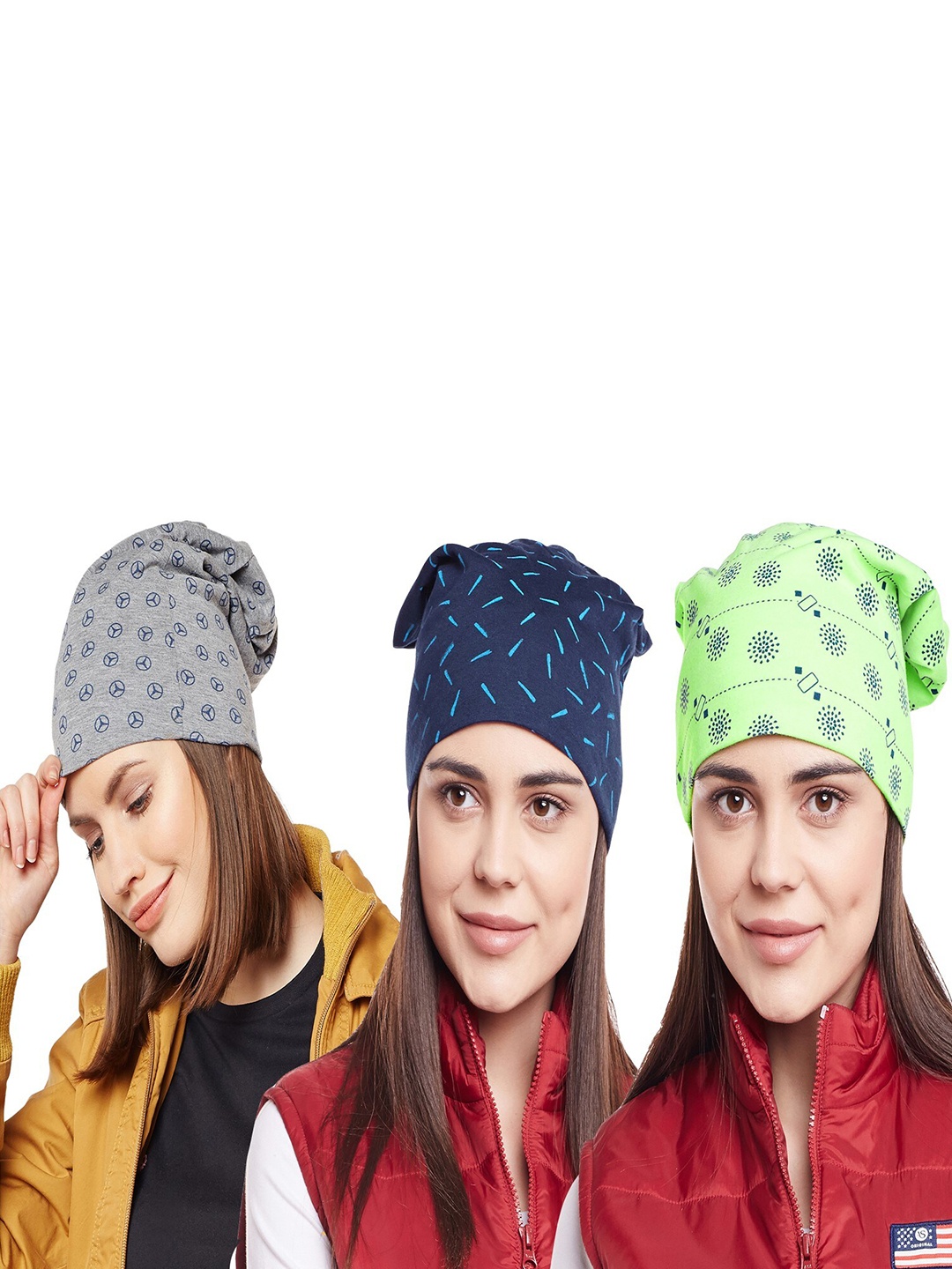 

VIMAL JONNEY Women Pack Of 3 Printed Beanie, Grey