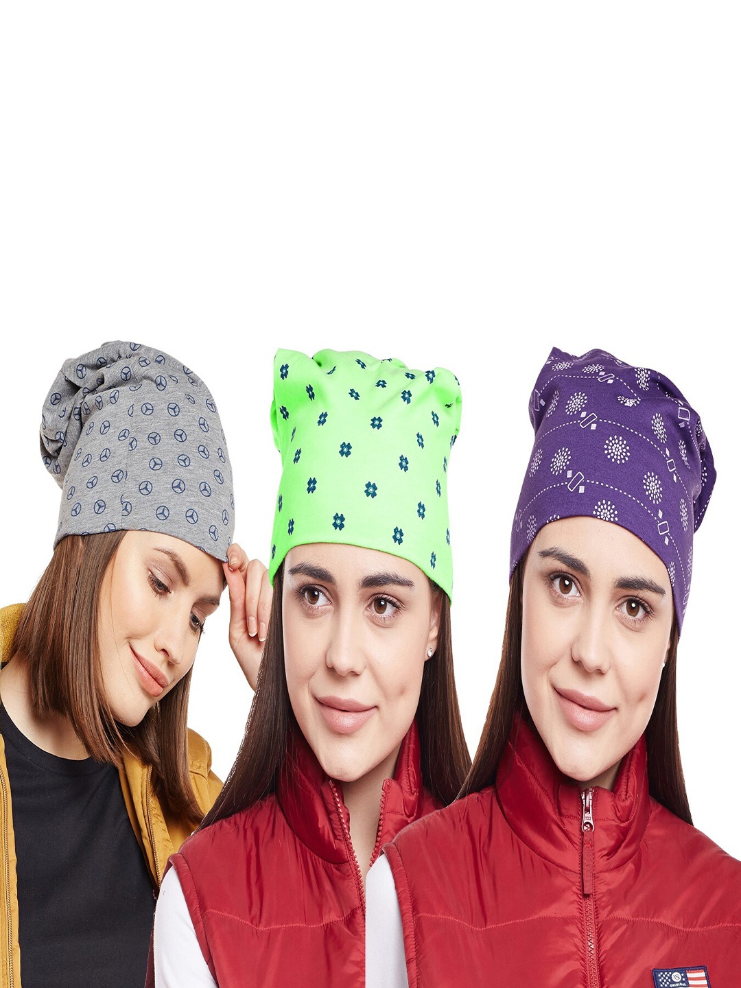 

VIMAL JONNEY Women Pack of 3 Printed Beanie, Green