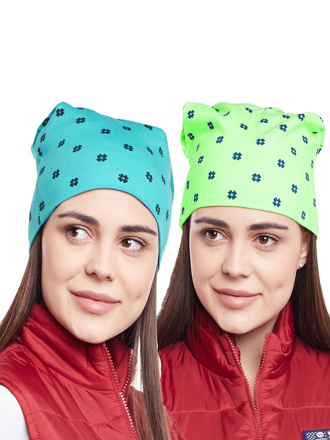 

VIMAL JONNEY Women Green & Blue Pack Of 2 Printed Beanie