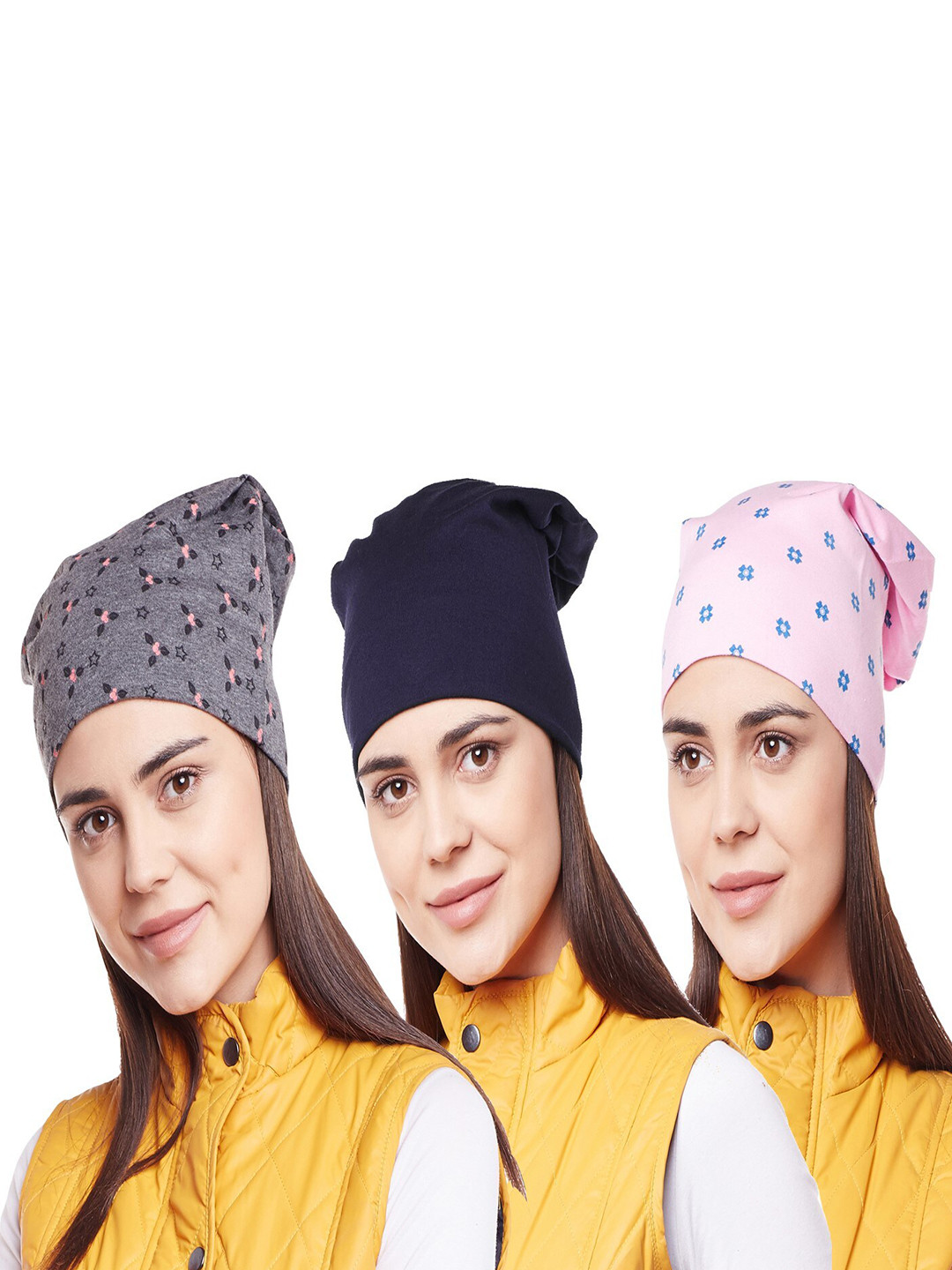 

VIMAL JONNEY Women Pack Of 3 Printed Beanie, Grey