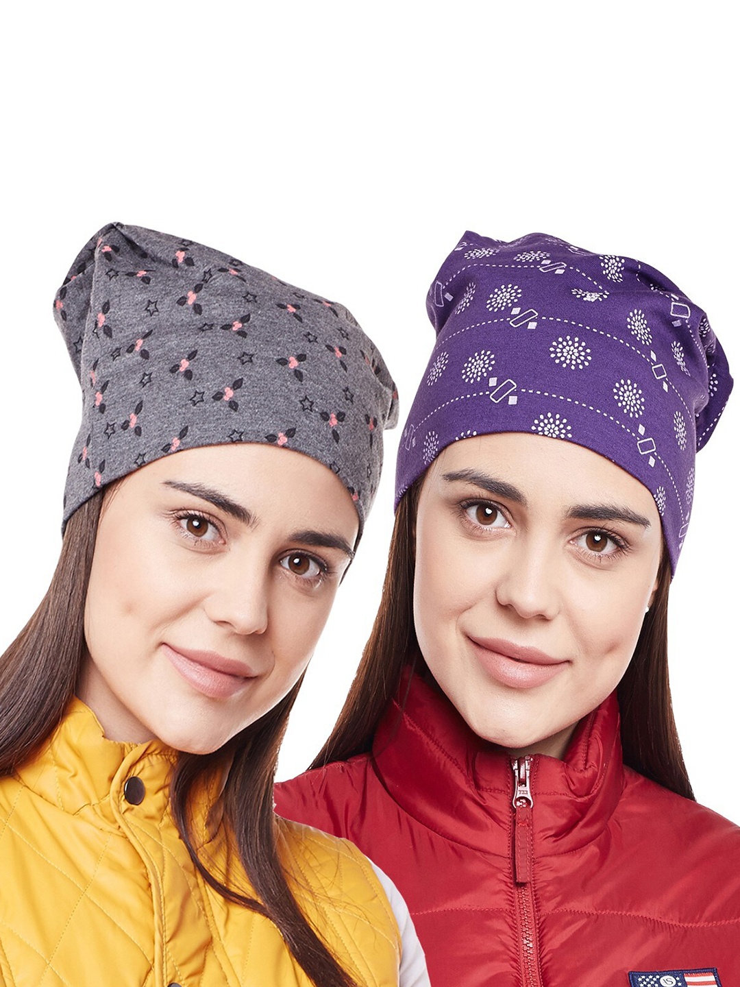 

VIMAL JONNEY Women Grey & Purple Pack of 2 Printed Beanie