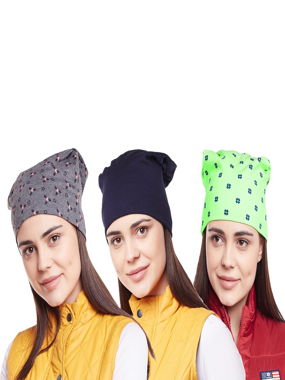 

VIMAL JONNEY Women Pack Of 3 Printed Beanie, Navy blue