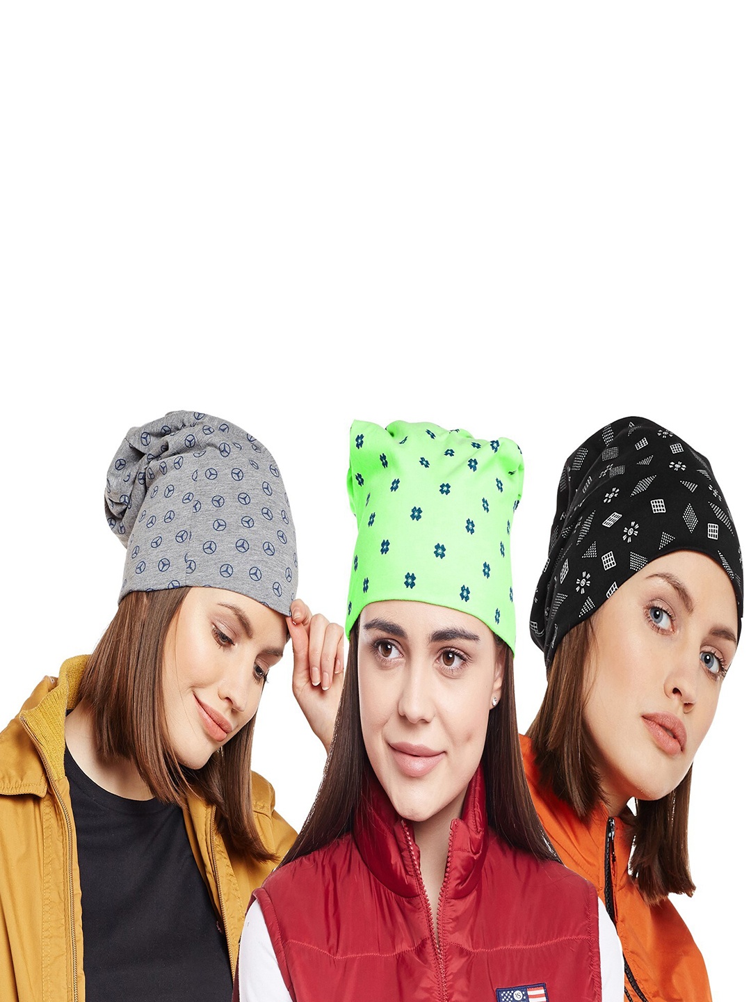 

VIMAL JONNEY Women Pack Of 3 Printed Beanie, Green