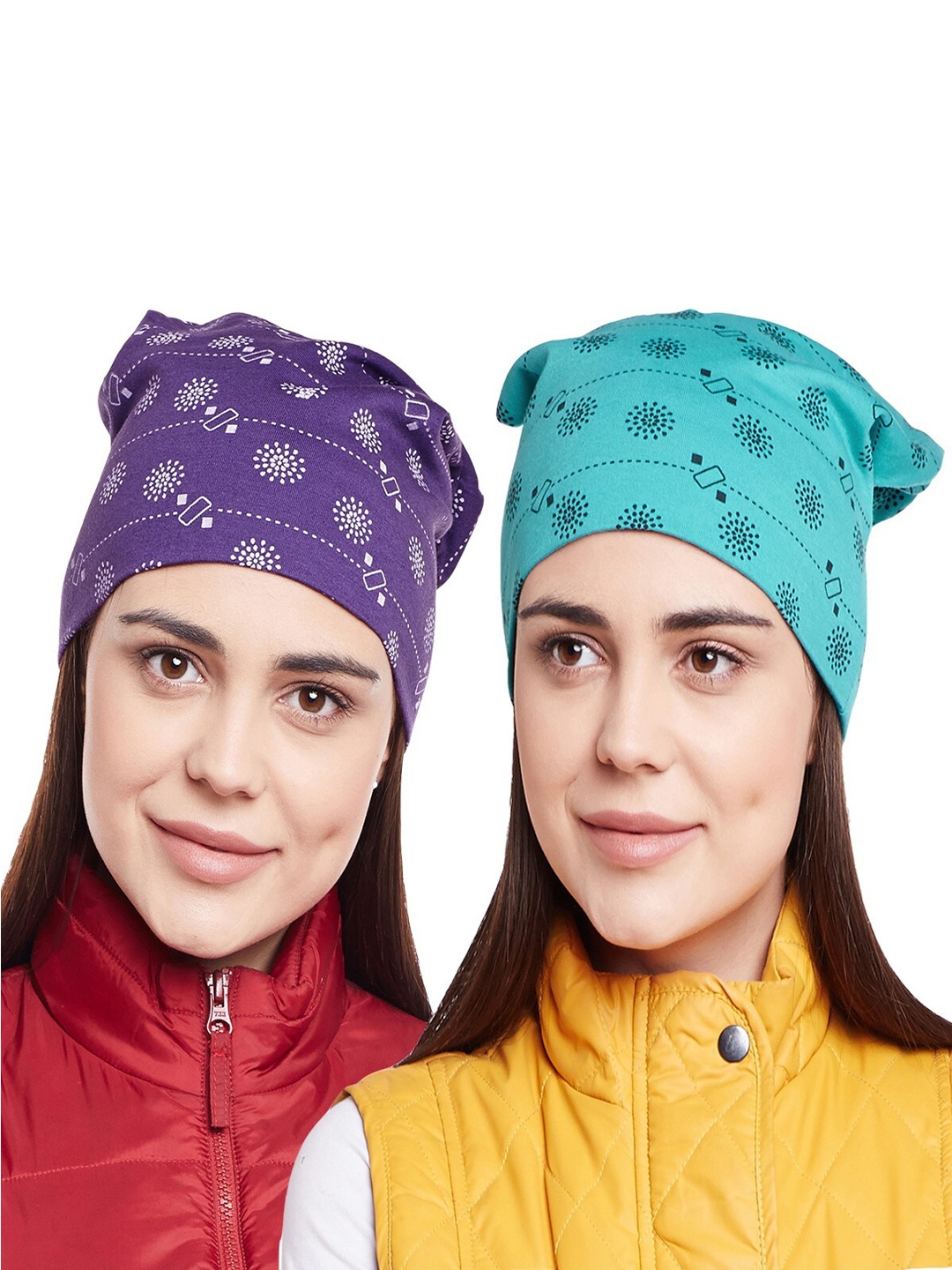 

VIMAL JONNEY Women Purple & Green Pack Of 2 Printed Beanie