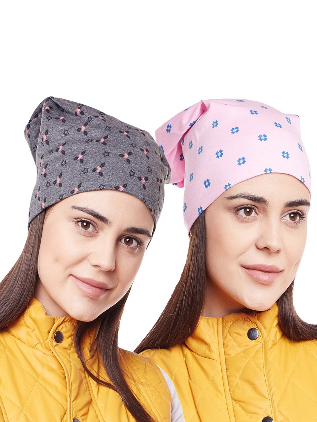 

VIMAL JONNEY Women Pink & Grey Pack Of 2 Printed Beanie