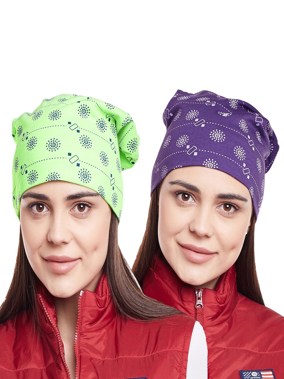 

VIMAL JONNEY Women Green & Purple Pack Of 2 Printed Beanie