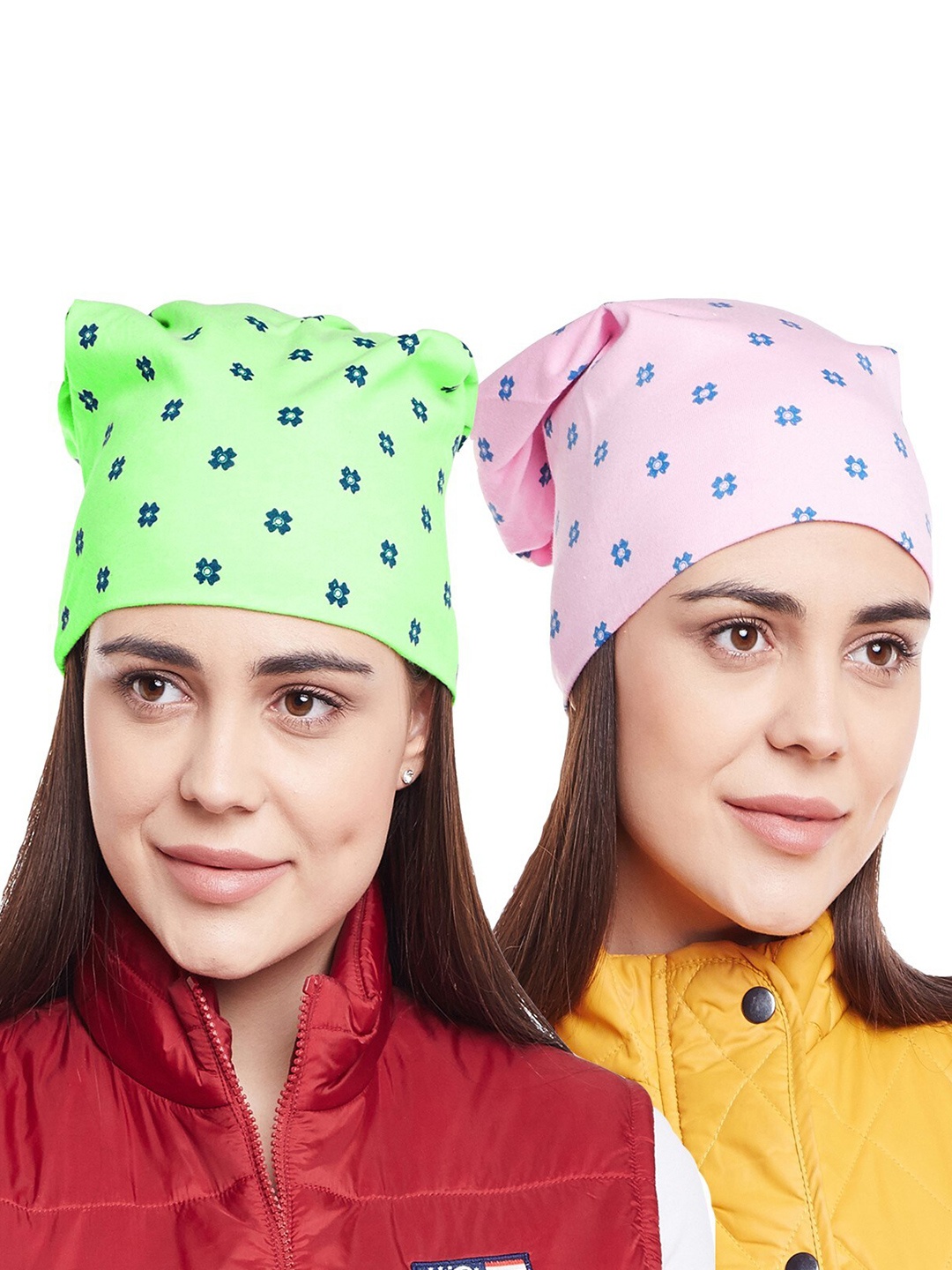 

VIMAL JONNEY Women Green & Pink Pack Of 2 Printed Beanie