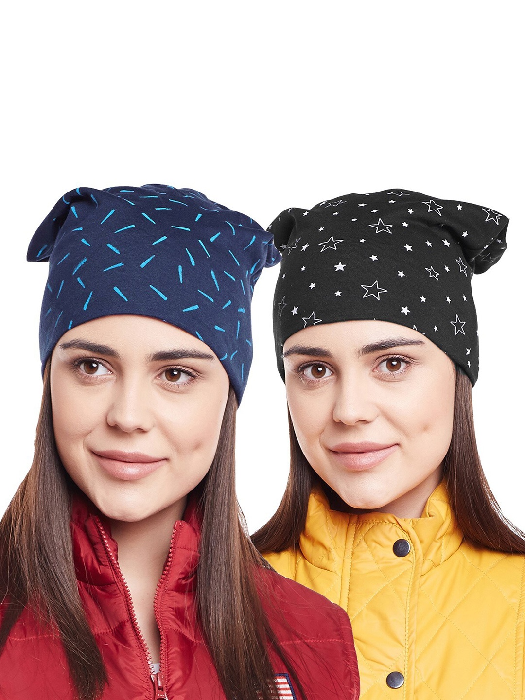 

VIMAL JONNEY Women Black & Blue Pack Of 2 Printed Beanie