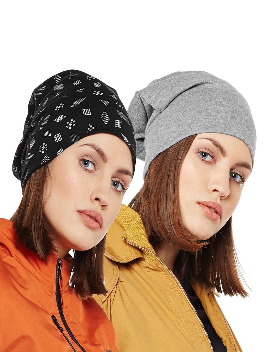 

VIMAL JONNEY Women Black & Grey Pack Of 2 Printed Beanie