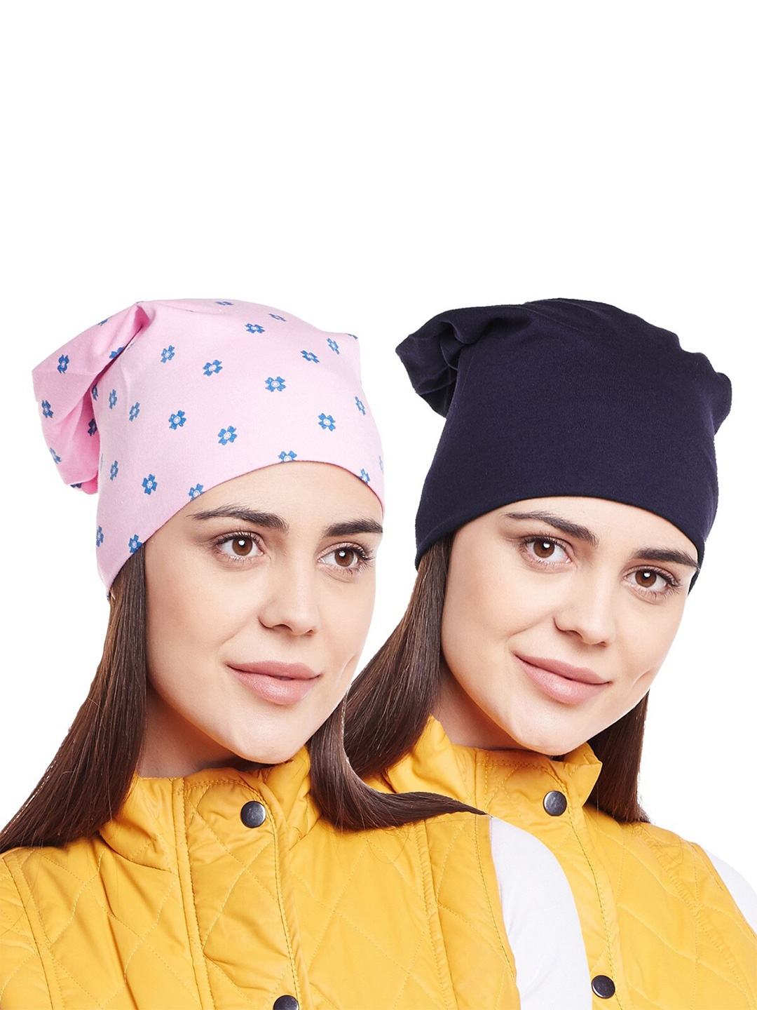 

VIMAL JONNEY Women Pink & Navy Blue Pack Of 2 Printed Beanie