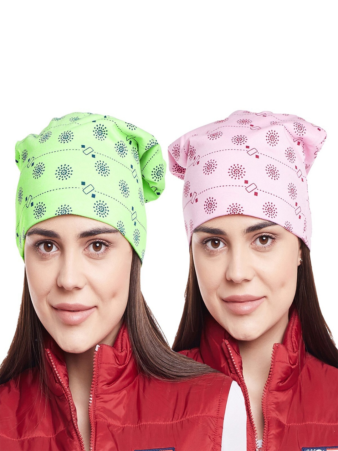

VIMAL JONNEY Women Green & Pink Pack Of 2 Printed Beanie