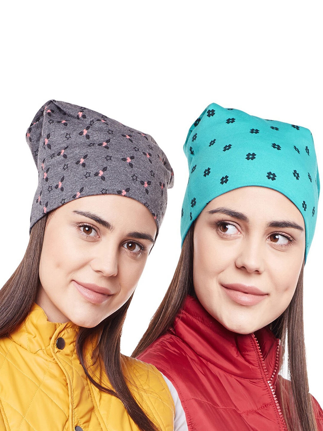 

VIMAL JONNEY Women Grey & Green Pack Of 2 Printed Beanie