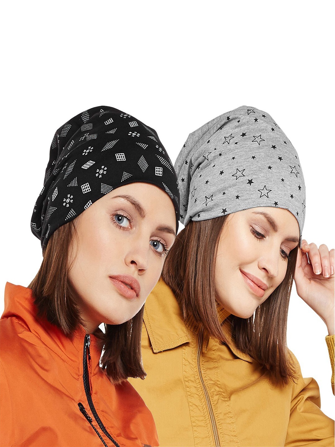 

VIMAL JONNEY Women Black & Grey Pack Of 2 Printed Beanie