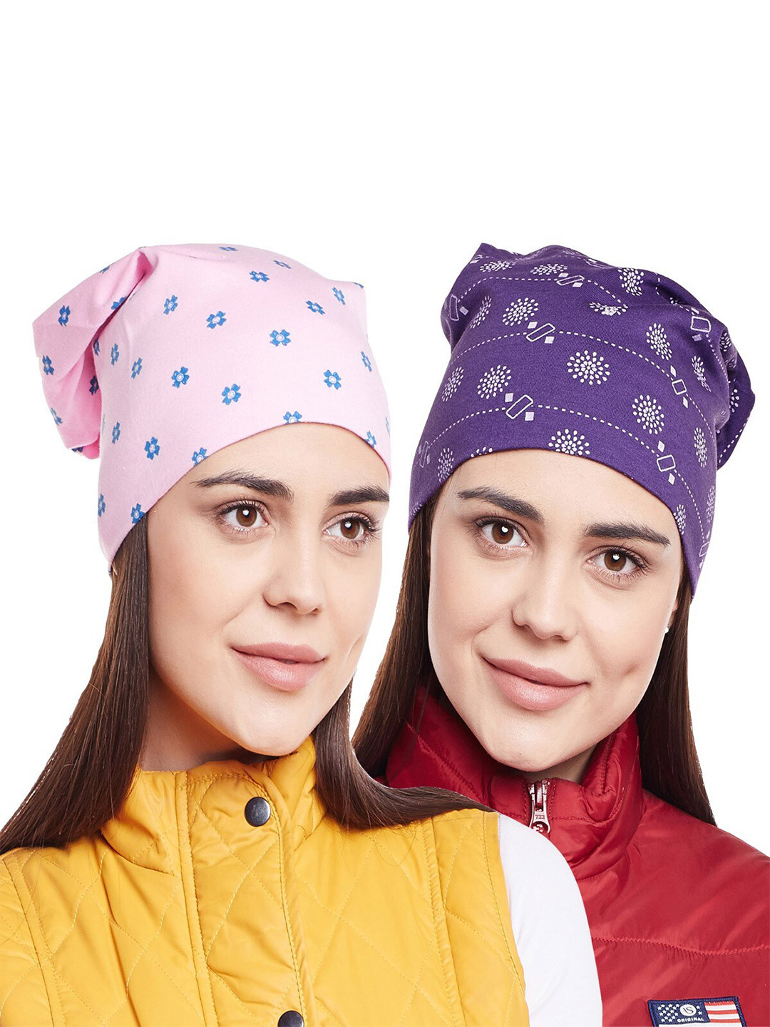 

VIMAL JONNEY Women Pink & Purple Pack Of 2 Printed Beanie
