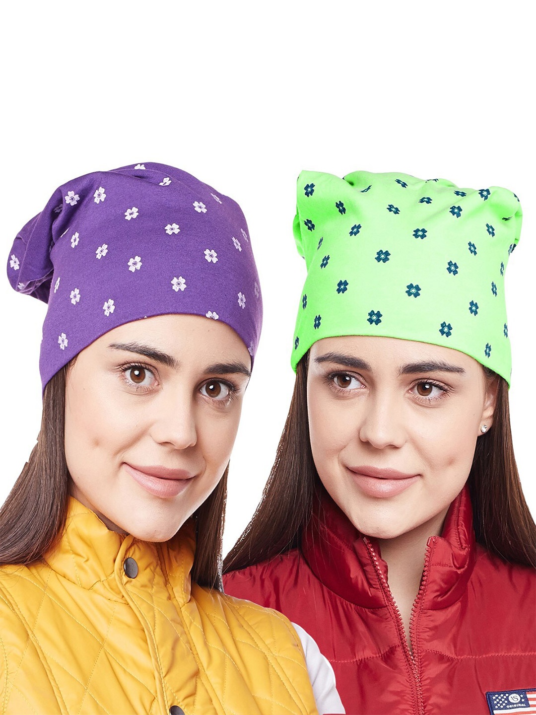 

VIMAL JONNEY Women Purple & Green Pack Of 2 Printed Beanie