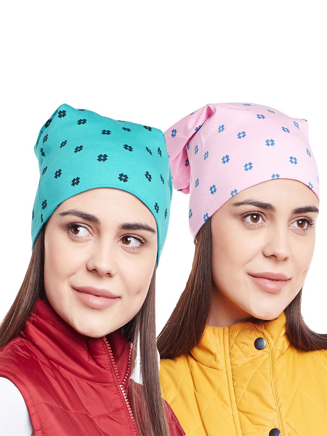 

VIMAL JONNEY Women Pink & Green Pack Of 2 Printed Beanie